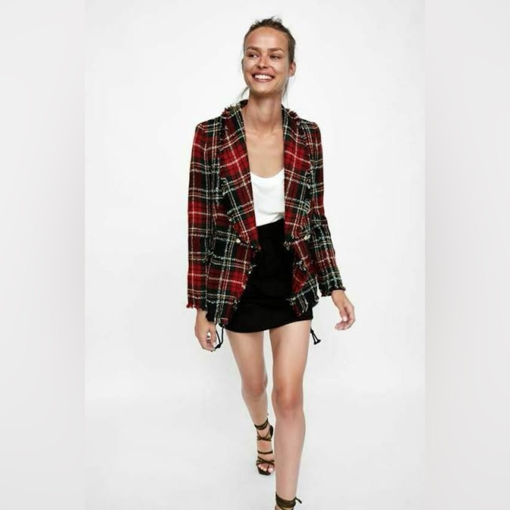 ZARA Tartan Plaid Boucle Tweed Double Breasted Blazer Sz S NWOT
